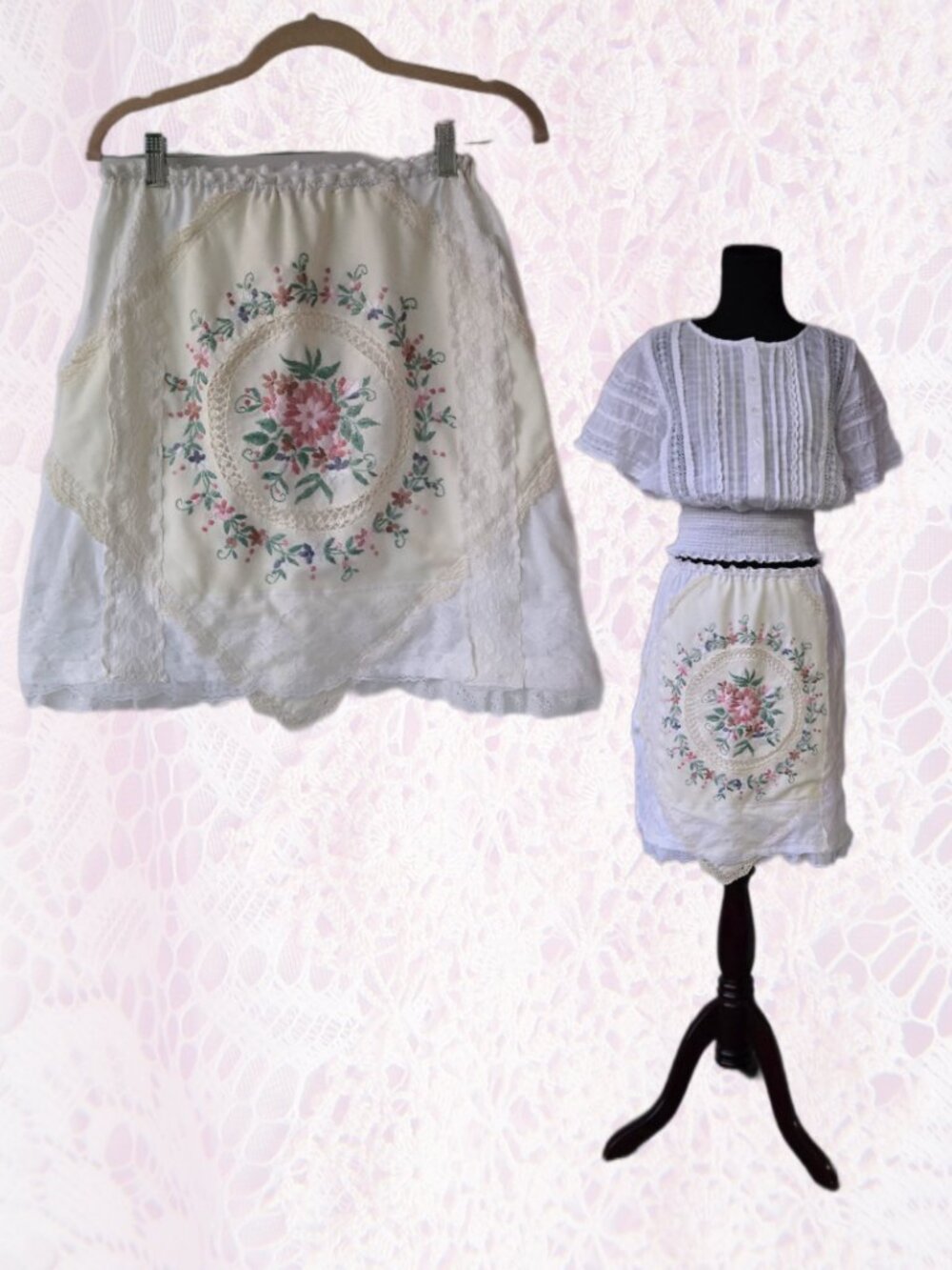 Handmade  Skirt Floral Embroidered and Lace Cottagecore Boho Ballet